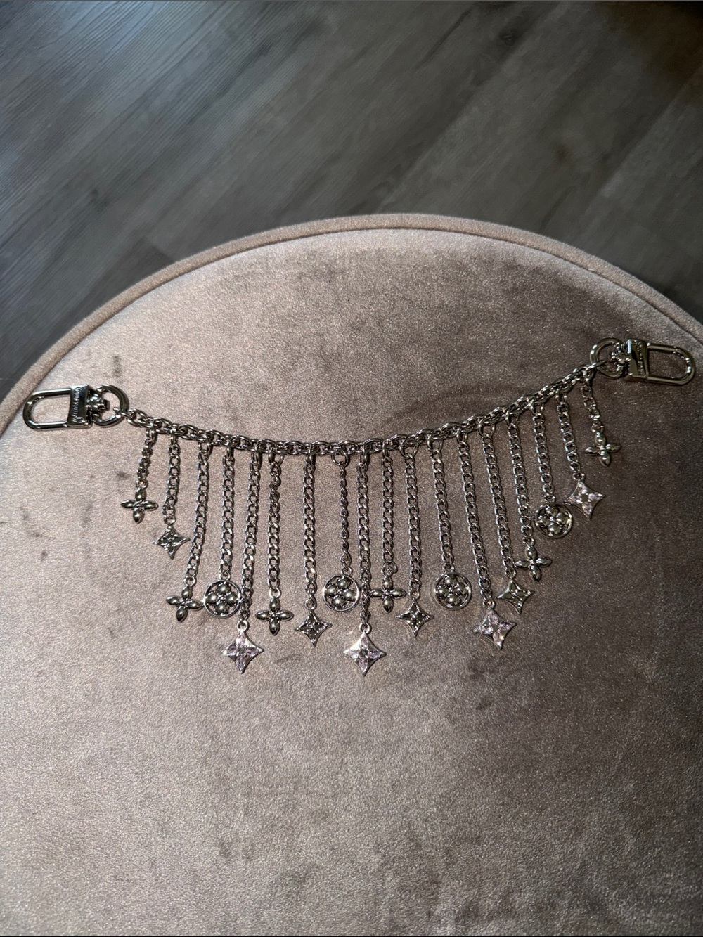 New Louis Vuitton Gold Layered Chain Purse Bag Charm Chain Rhinestone Fringe